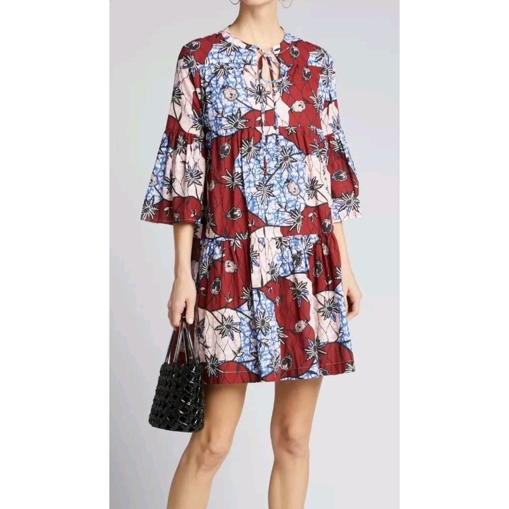 Warm NY Floral Batik‎ Tiered Mini Dress Rust Blue Bell Sleeve Boho Size 1